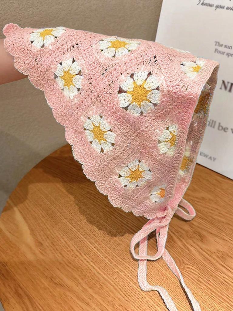 1Pcs French Flower Rustic Triangle Crochet Headbandwomen Head Kerchief Knitted Floral Hair Accessories For Hair Styling Decor