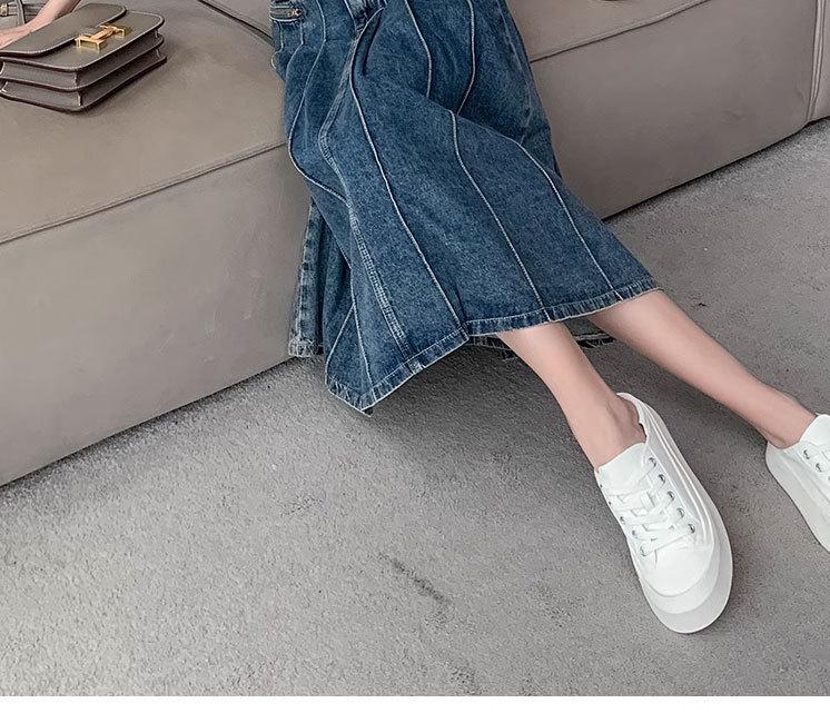 2023 Summer Retro Pleated Denim Midi Skirt: Women's High Waist A-line Design