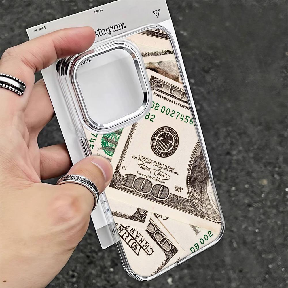 Dollar Stack Phone Case For Iphone 11 Pro Max 12 13 14 Plus 15 16 17 Air 17E 16E Funda Coque Phone Cover Sleek Metal Photo Frame