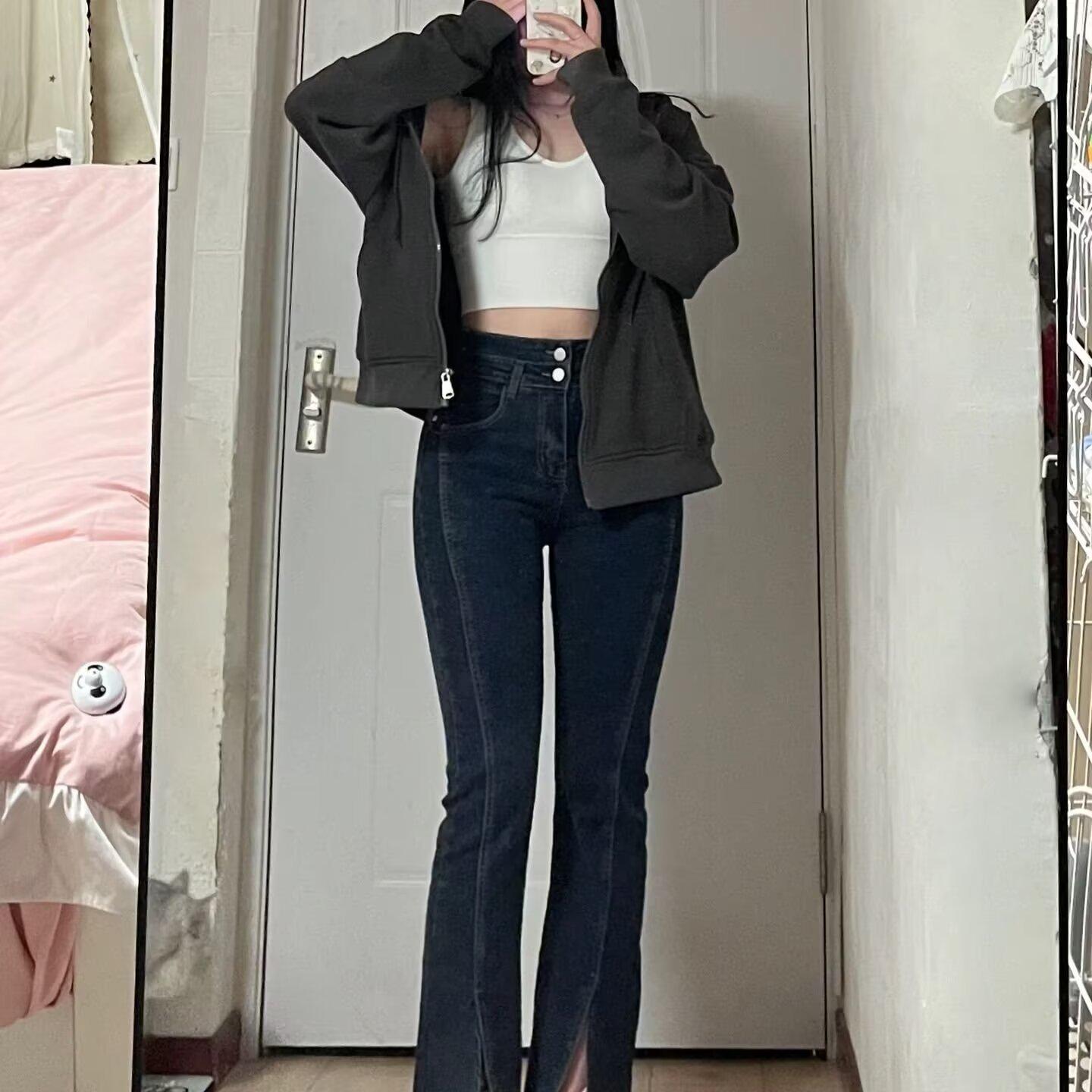 

Женские джинсы клеш с высокой посадкой больших размеров для осени и зимы - Стройнящий крой для фигуры типа «груша» Small сине серый