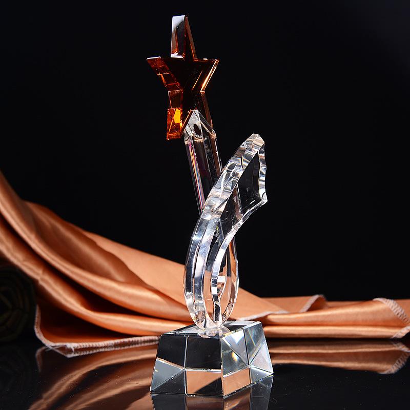 Red Five-pointed Star Crystal Trophy Hollowed-out Geometric Medal Customize Competition Prizes Decorative Figurines Home Decor