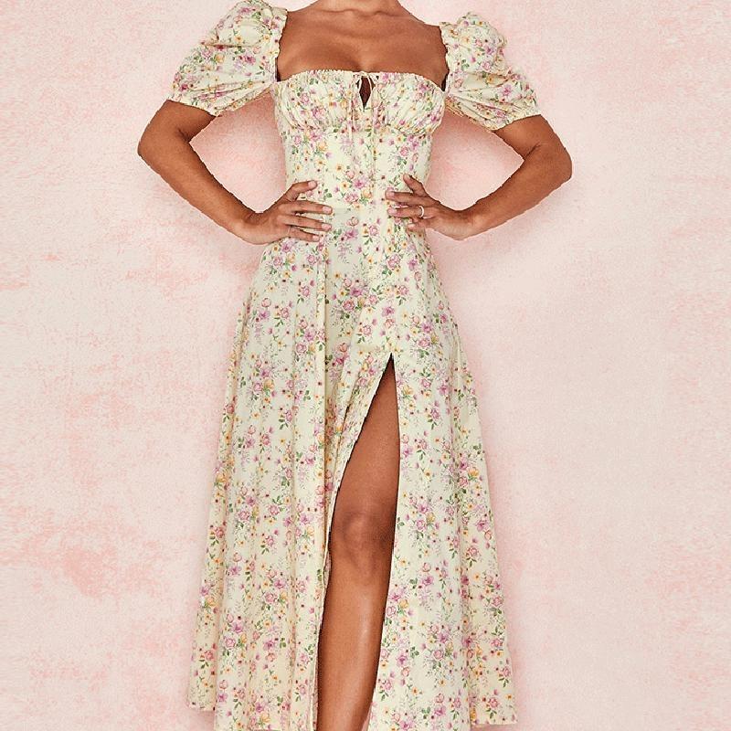 Sexy Vestido de Club de Manga Corta Abullonada con Estampado Floral Elegante Vestido Largo de Fiesta con Abertura Alta con Cordones para Mujer Dulce Vestido de Verano