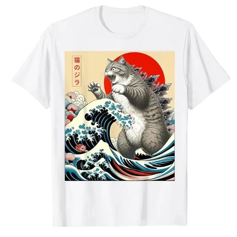 2025 Popular Japanese Art Cat Funny Cat Gift Men's T-shirt Pure Cotton O-neck Fashionable Fitness Short Sleeved Plus Size Top