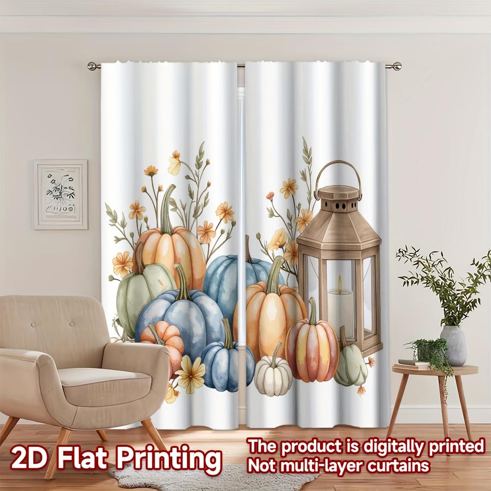 2PCS Thanksgiving Fall Curtains, Pumpkin Lantern Floral, Digital Print, Bedroom Living Room, Office, Kitchen, Bathroom