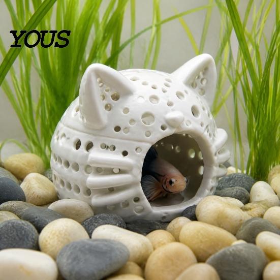 Aquarium Landscaping Decor Shrimp Cave, Cat Head Fish Hideout with Suction Breeding Box Cup, Decorative Cave for Betta Tanks Hiding