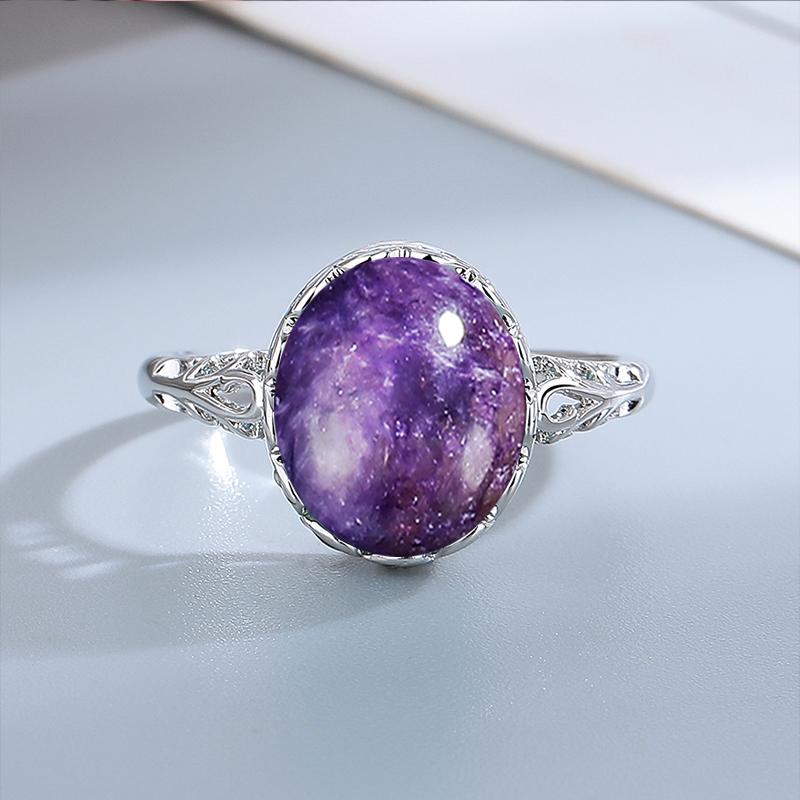 Silver  Ring 10*12MM Round Natural Moonstone Amethyst Agate Stone Vintage Ring For Women Party Gifts