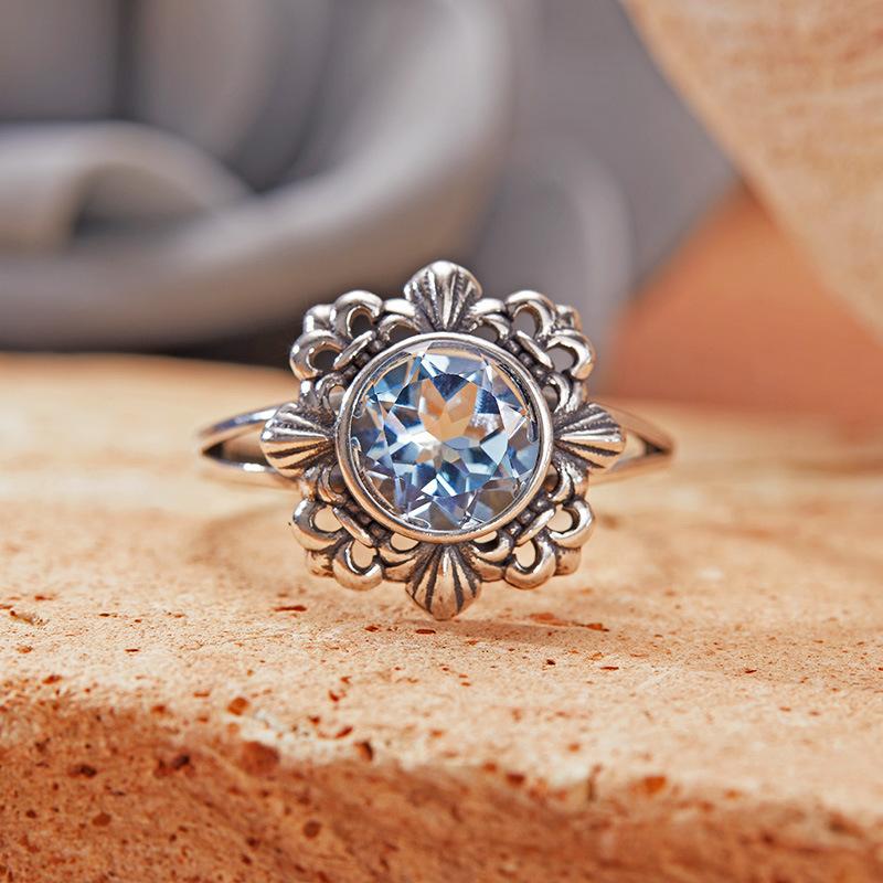 Vintage Hollow Pattern Thai Silver Ring Women'S S925 Sterling Silver Inlaid With Natural Jasper Topaz Gemstone Index Finger Ring