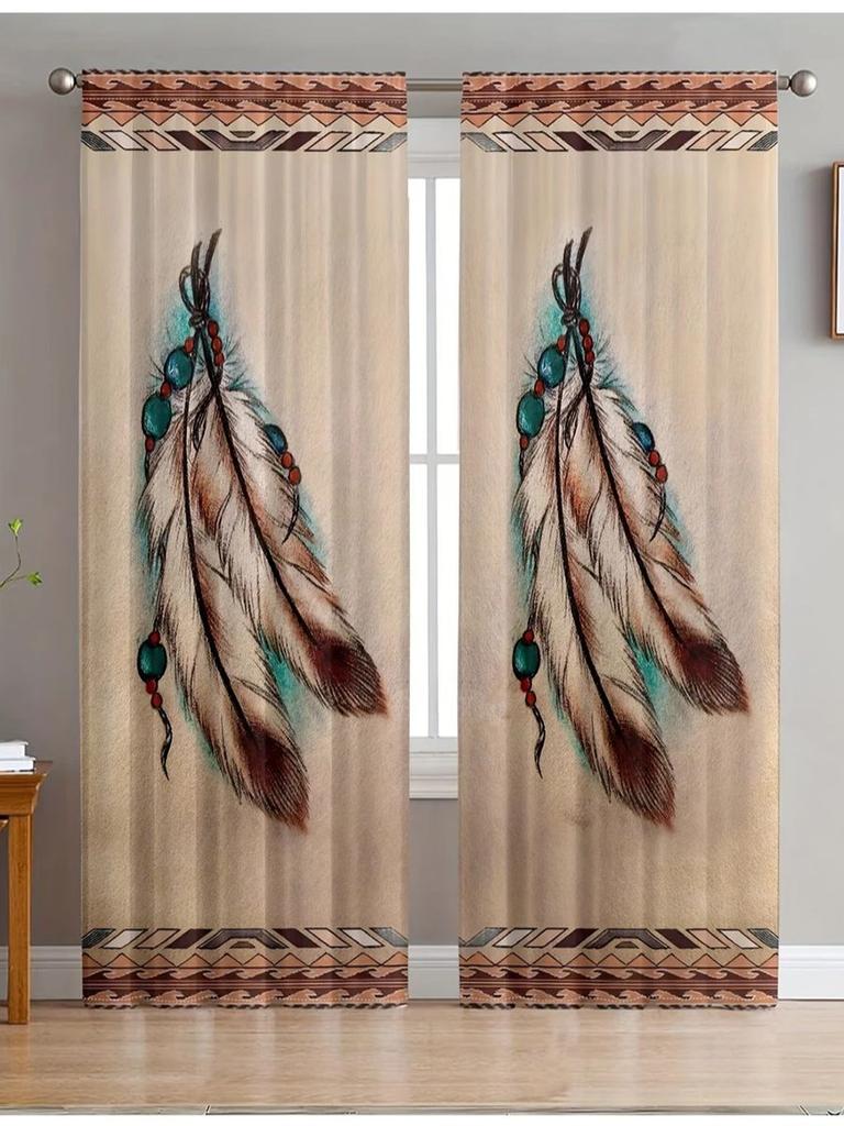 2PC Native American Feather Curtains - Tribal Geometric Border Print Window Drapes for Bedroom Living Room Decor