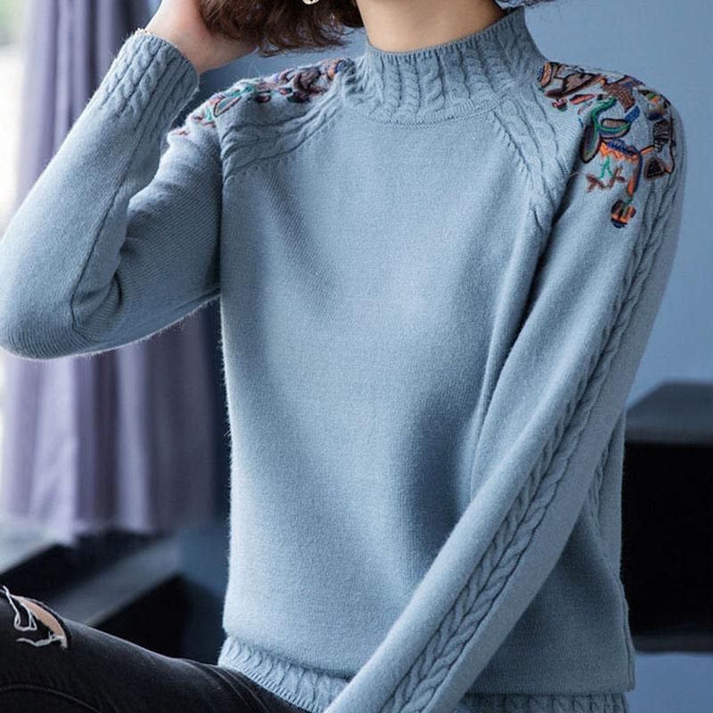 Bestickte Blumen Halber Stehkragen Pullover Damen Herbst Winter Dick Warm Gestrickter Pullover Slim Gerippt Weiche Oberteile