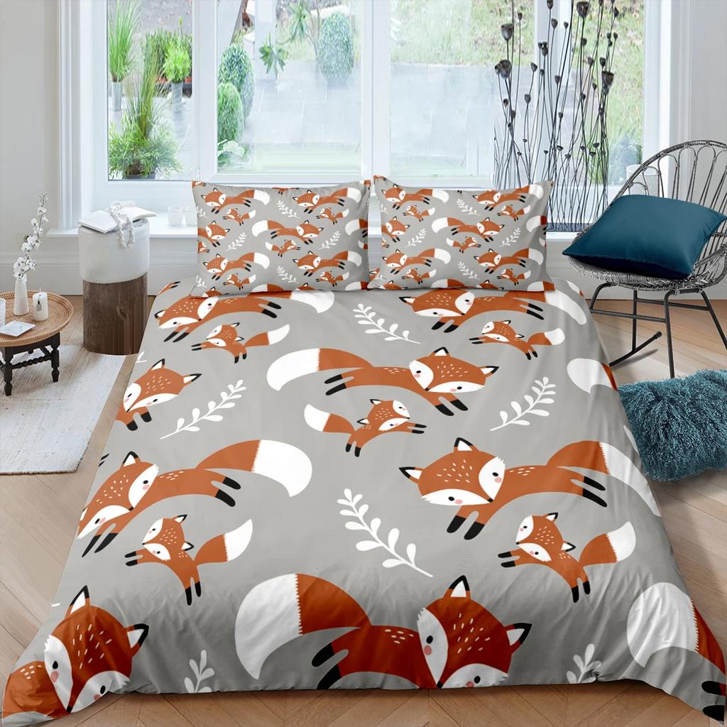 Cartoon Fox King Queen Duvet Cover Lovely Orange Animal Floral Bedding Set Kids Girls Flowers Plant 2/3pcs Polyester Quilt Cover