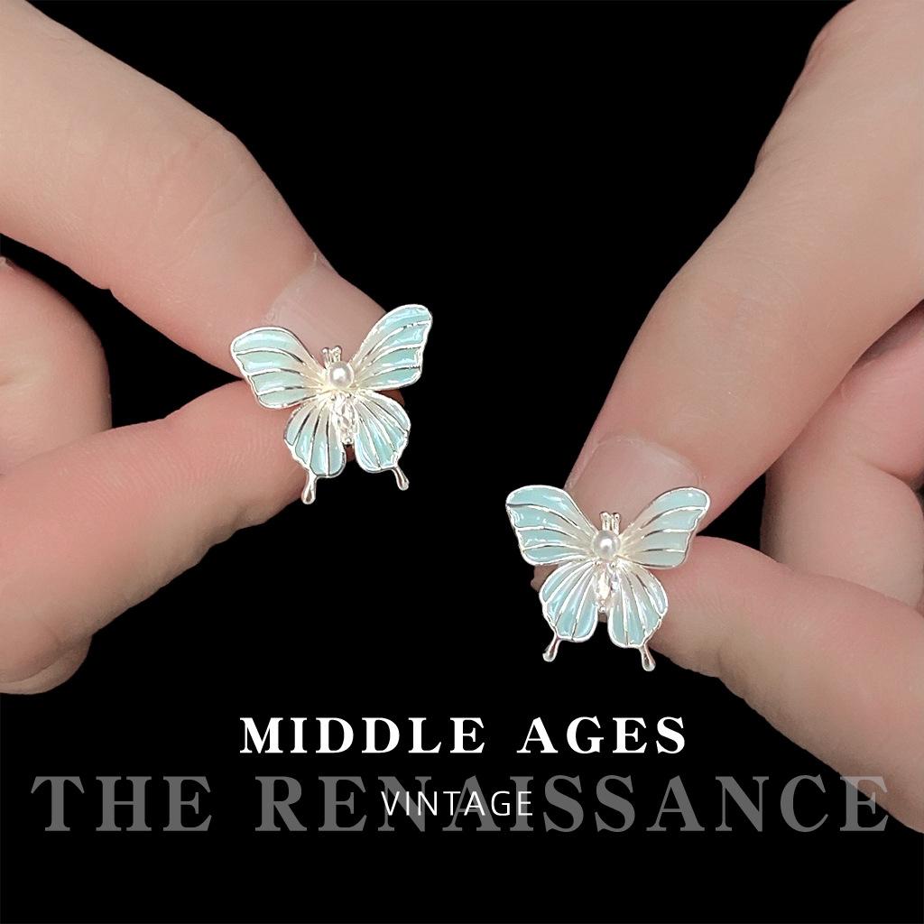 Mint Mambo Green Enamel Drop Glaze Butterfly Stud Earrings Fresh and Sweet Pearl Earrings