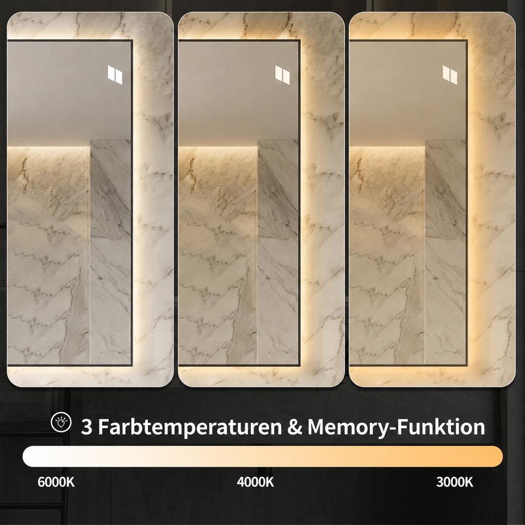 LED Bathroom Mirror 50x70 Cm with Aluminum Frame, Backlit, Anti-fog, 3 Light Colors, Continuously Dimmable, Memory Function, 5 Mm Copper-free Silver