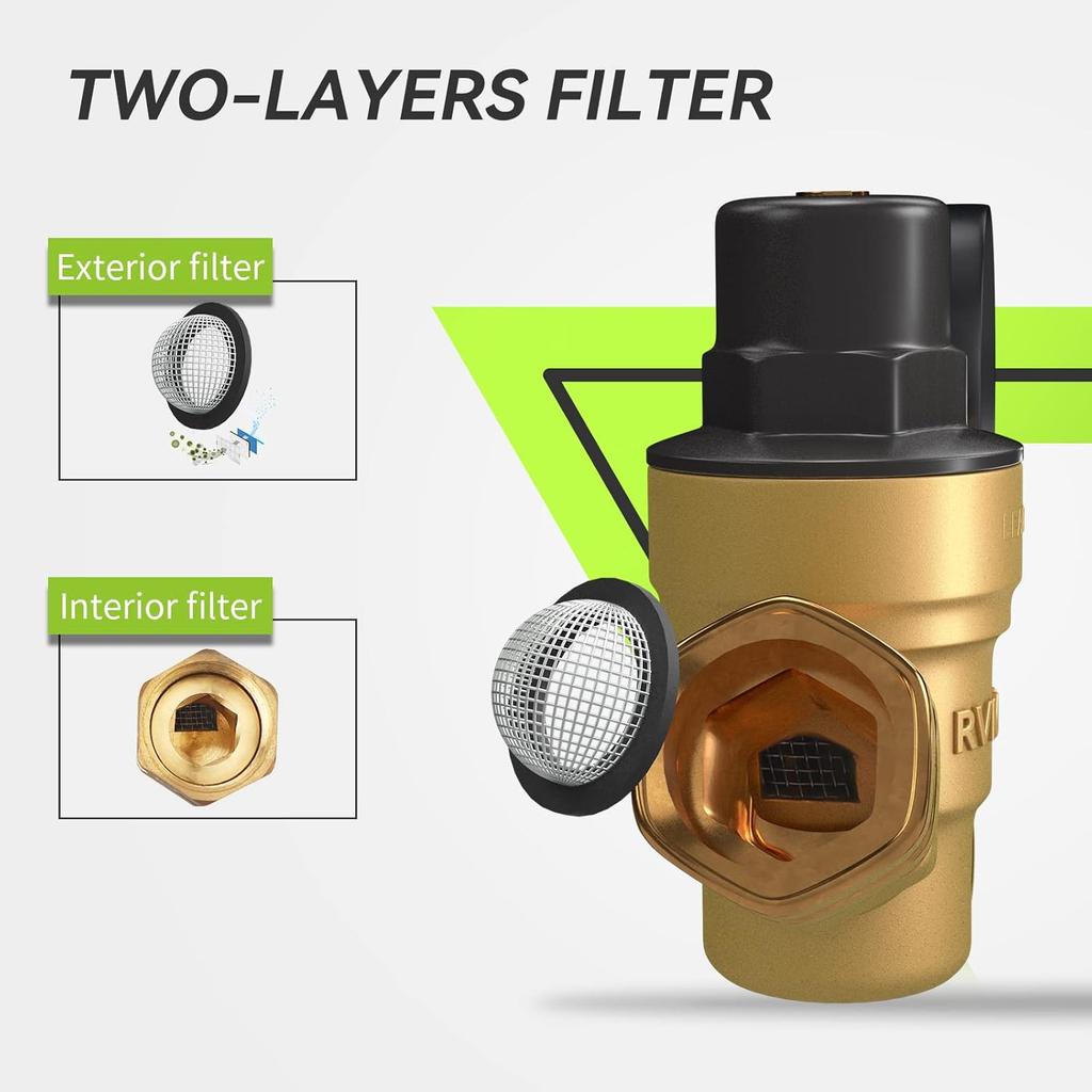 RVMATE RV Water Pressure Regulator, Brass Lead-Free Water Pressure Reducer Kit, Adjustable Valve With Inlet Screen Filter, For Camper Travel Trailer