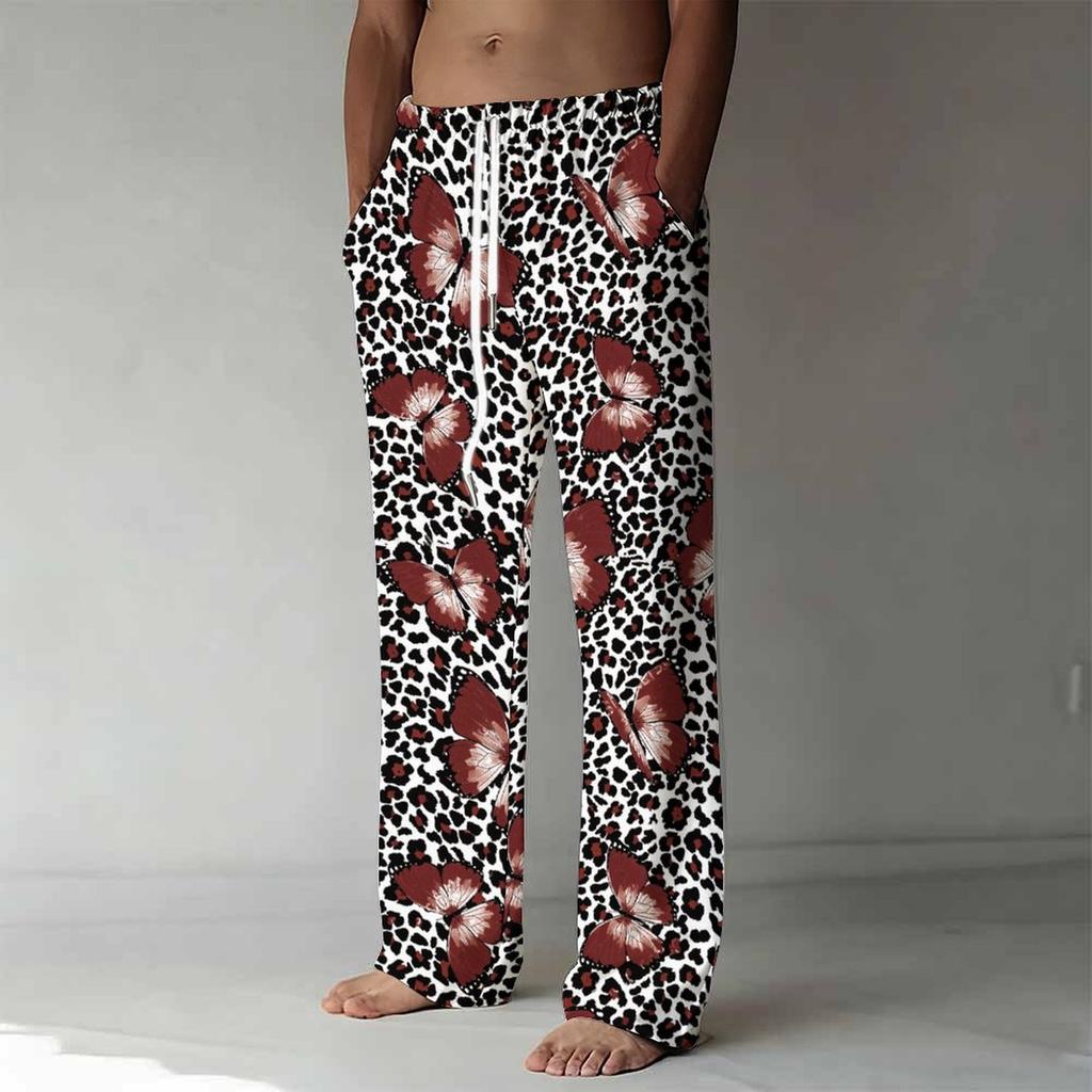 Men Black Base Rainbow Gradient Leopard Print Drawstring Straight Trousers With Side Pockets Eye Catching Bottoms