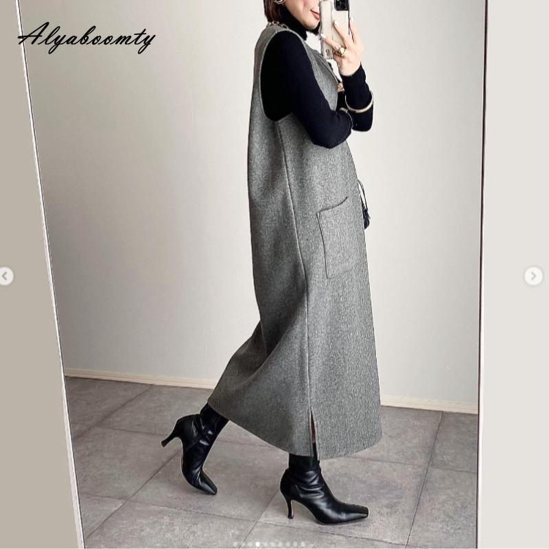 Korean Style Fall Winter Women Sundress V Neck Black Gray Woolen Midi Sleeveless Dress Warm Wool Tank Dress With Pockets