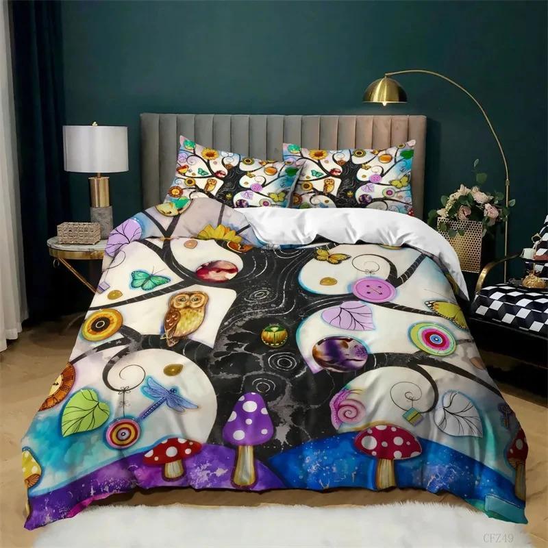 Tree of Life Duvet Cover King Botanical Branches Leaves Bedding Set Microfiber Psychedelic Mysterious Colorful Tree Quilt Cover