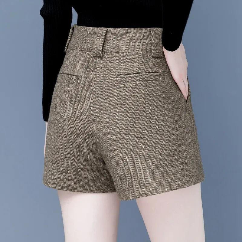 Women's Korean Fashion High Waist A-line Wide Leg Short Pants Autumn Winter Office Lady Vintage Elegant Woolen Thick Slim Shorts