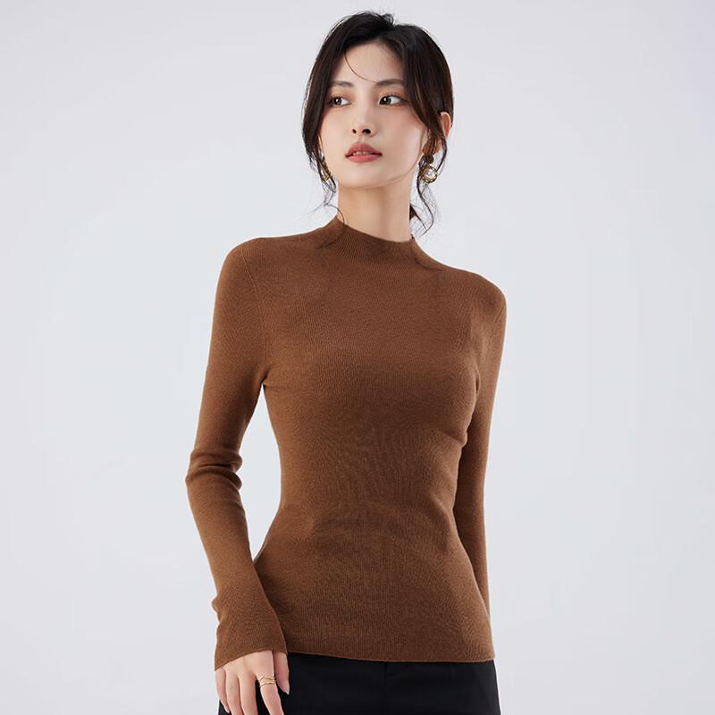 Women's 100% Pure Wool Semi-High Neck Slim-Fit Long Sleeve Sweater