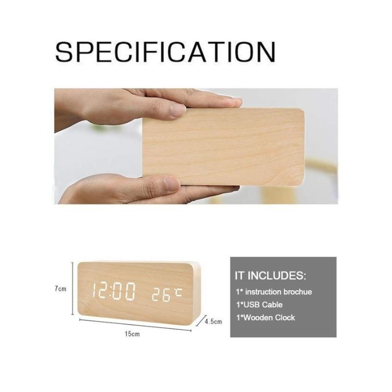 Ceas Deșteptător Digital Lemn LED Ceas de Masă cu Temperatură pentru Dormitor Birou Decorare Birou Snooze Control Vocal Dublu