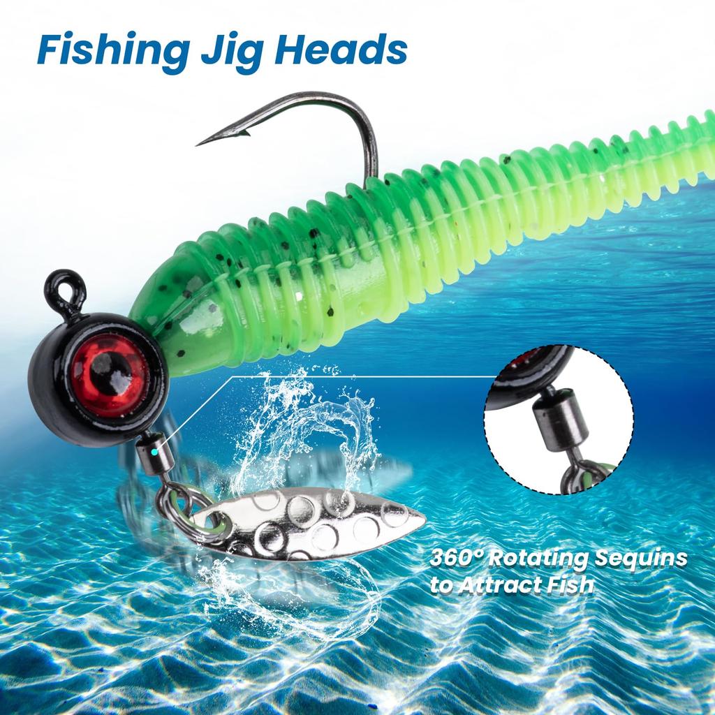 Goture Jig Head Spinners with 5 Ajing Fishing Jig Head Set Blades, 50-Piece Set, 1.75g, Colors, Lure,