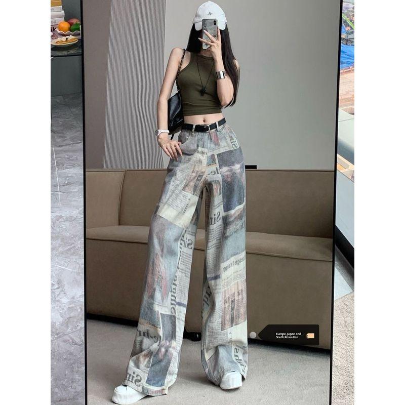 

Plus Size American Graffiti Newspaper Denim Female Summer High Waist Slim Looking Loose Pants Drooping Straight Mop Pants Picture Color 4XL [Suggested 87.50 kg-100.00 kg]]