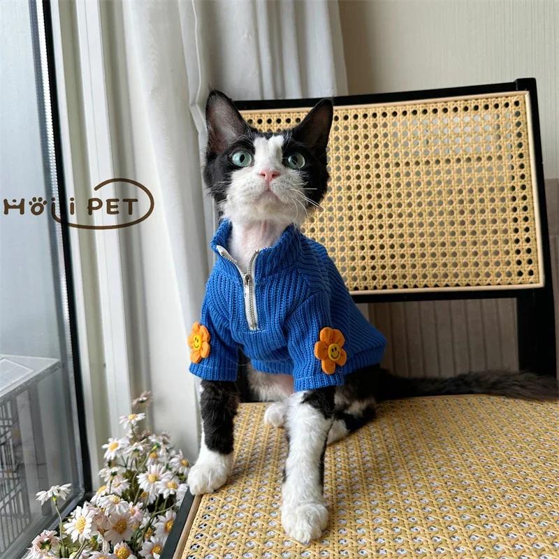

New Year s Stand-up Collar Zipper Cute Small Flower Sweater Devon Cat Clothes Hairless Cat Sweater Warm Pet Suplies S(1-1.5KG)