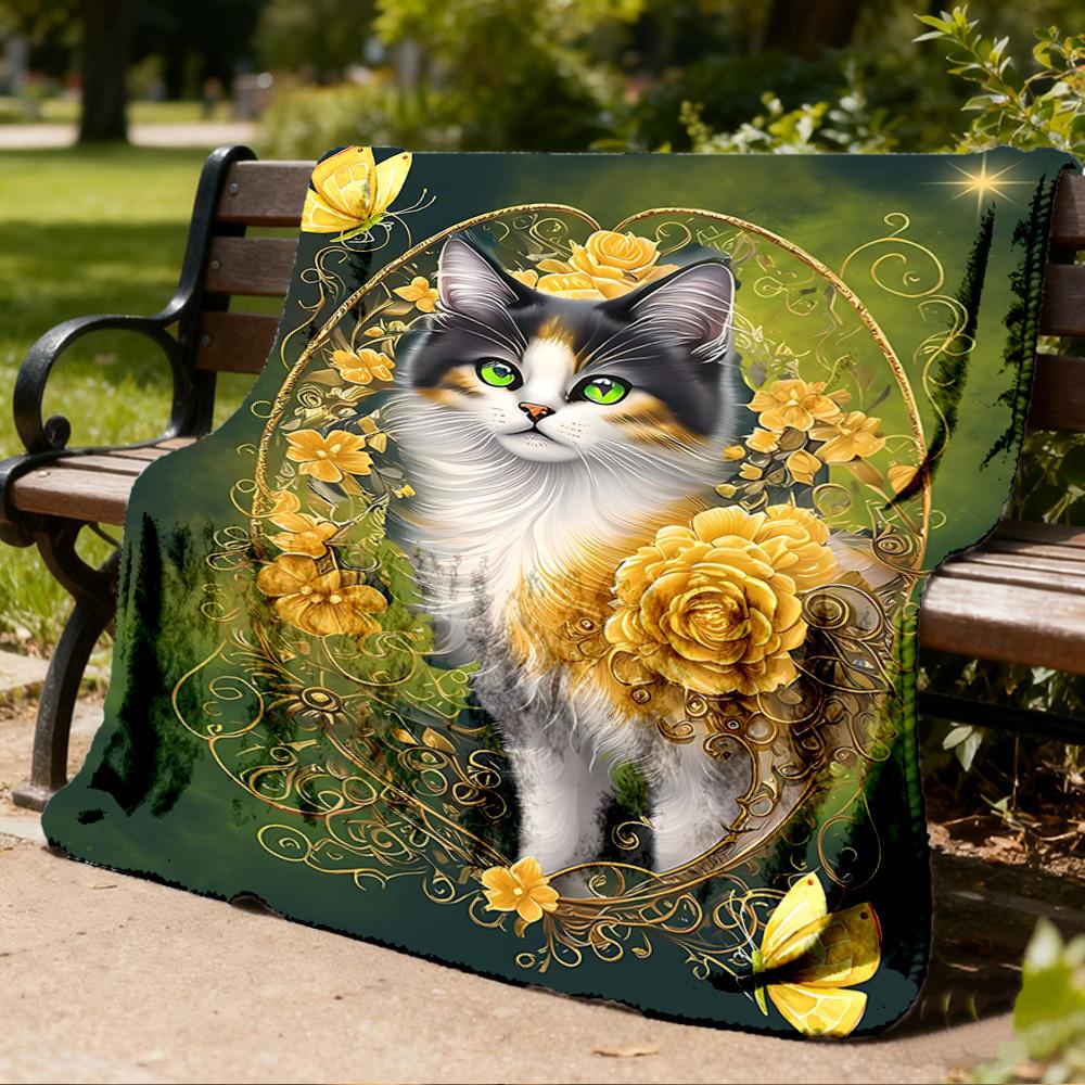 1pc Cat, Flowers Outdoor Personalized Flannel Blanket, Soft, Lightweight Personalized Flannel Blanket, Digital Printing,
