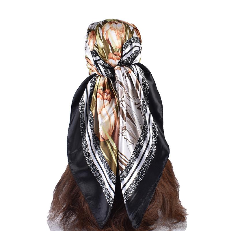 1Pcs Tulip Bouquet Printed Silk Scarf For Women Imitation Silk Fashion Versatile 90Cm Satin Large Square Scarf Headscarf