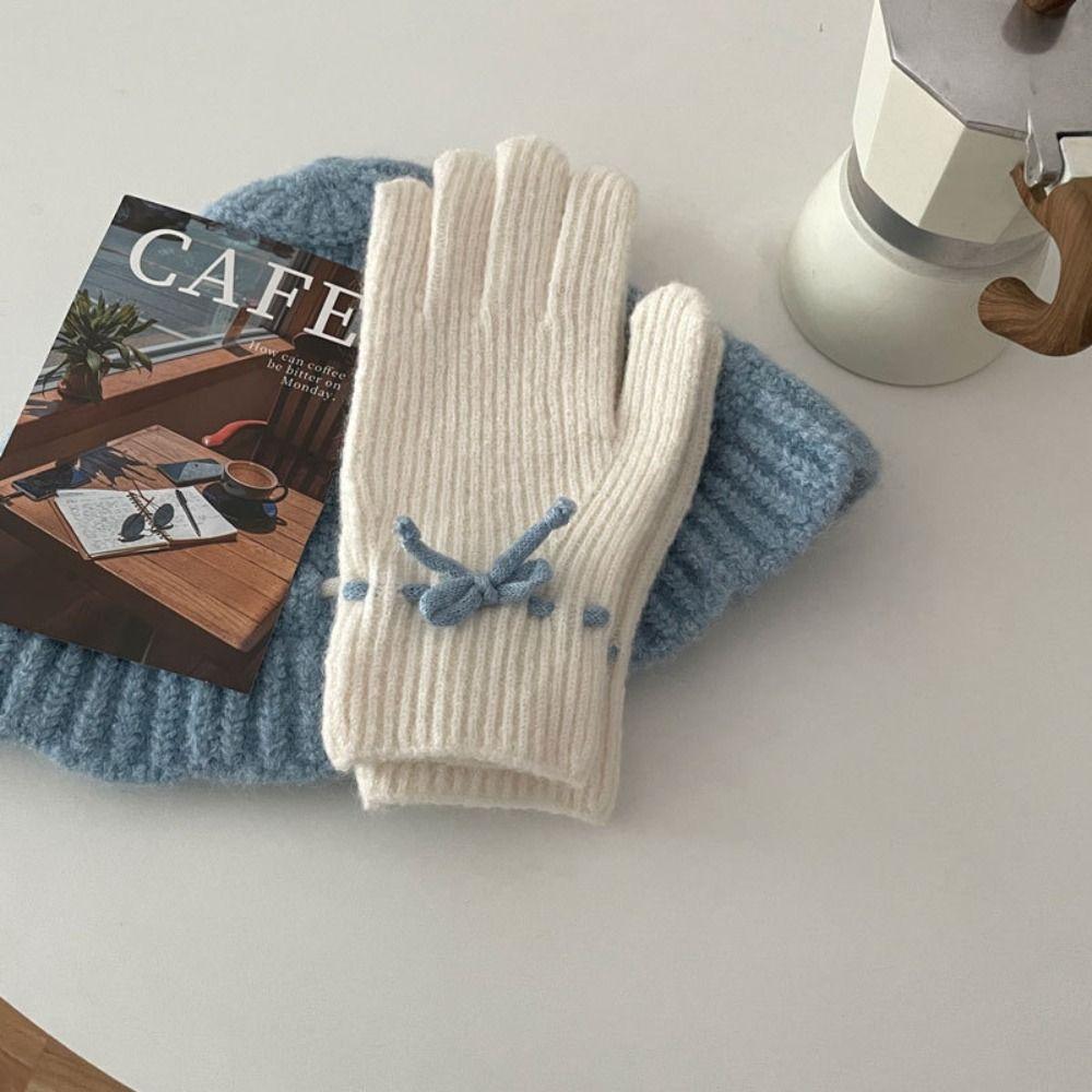 Cute Wool Bowknot Scarf Warm Winter Gloves Fashion Bow Drawstring Hat  Streetwear