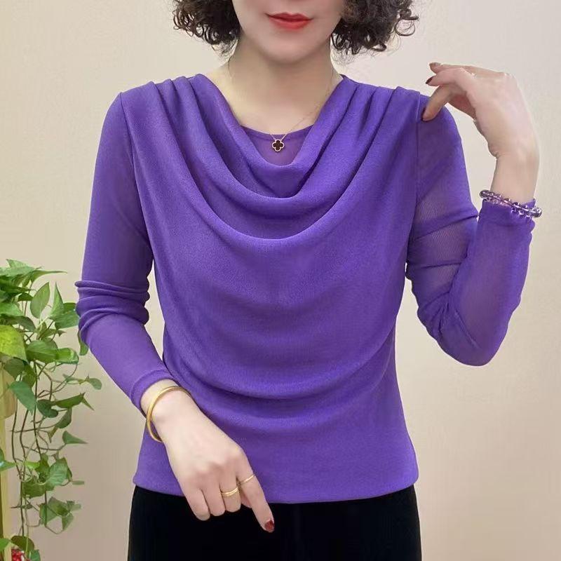 Jaro Podzim Síťovina Úzké Základní Tričko Dlouhý Rukáv Skládané Jednobarevné Tenké Vrchní Díly Trička Vintage Kancelářské Dámské Oblečení