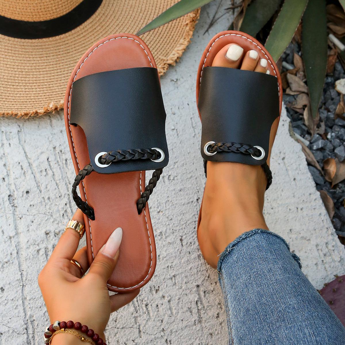 

Летние новые однотонные женские тапочки большого размера плетеные простые для повседневной носки пляжные тапочки 43 чёрный