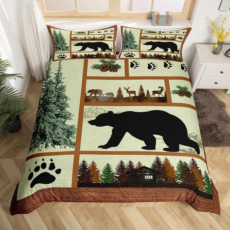 Bear King Queen Duvet Cover Rustic Western Wildlife Comforter Cover Pine Cone Farmhouse Wooden Bedding Set Polyester Quilt Cover
