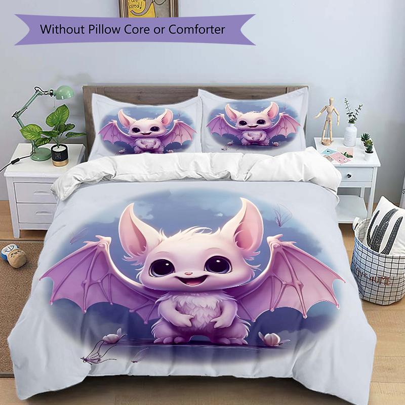 3pcs Cute Purple Bat Quilt Cover Set - Soft and Cozy Bedroom, Guest Room and Dorm Decorative Bedding 135x200cm