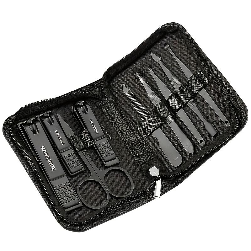 9Pcs Professional Nail Care Set (With Portable Case) - Stainless Steel Cuticle Nippers Hand And Foot Care Tools Modern Design Includes Nail Clippers SET157-Black 9Pcs