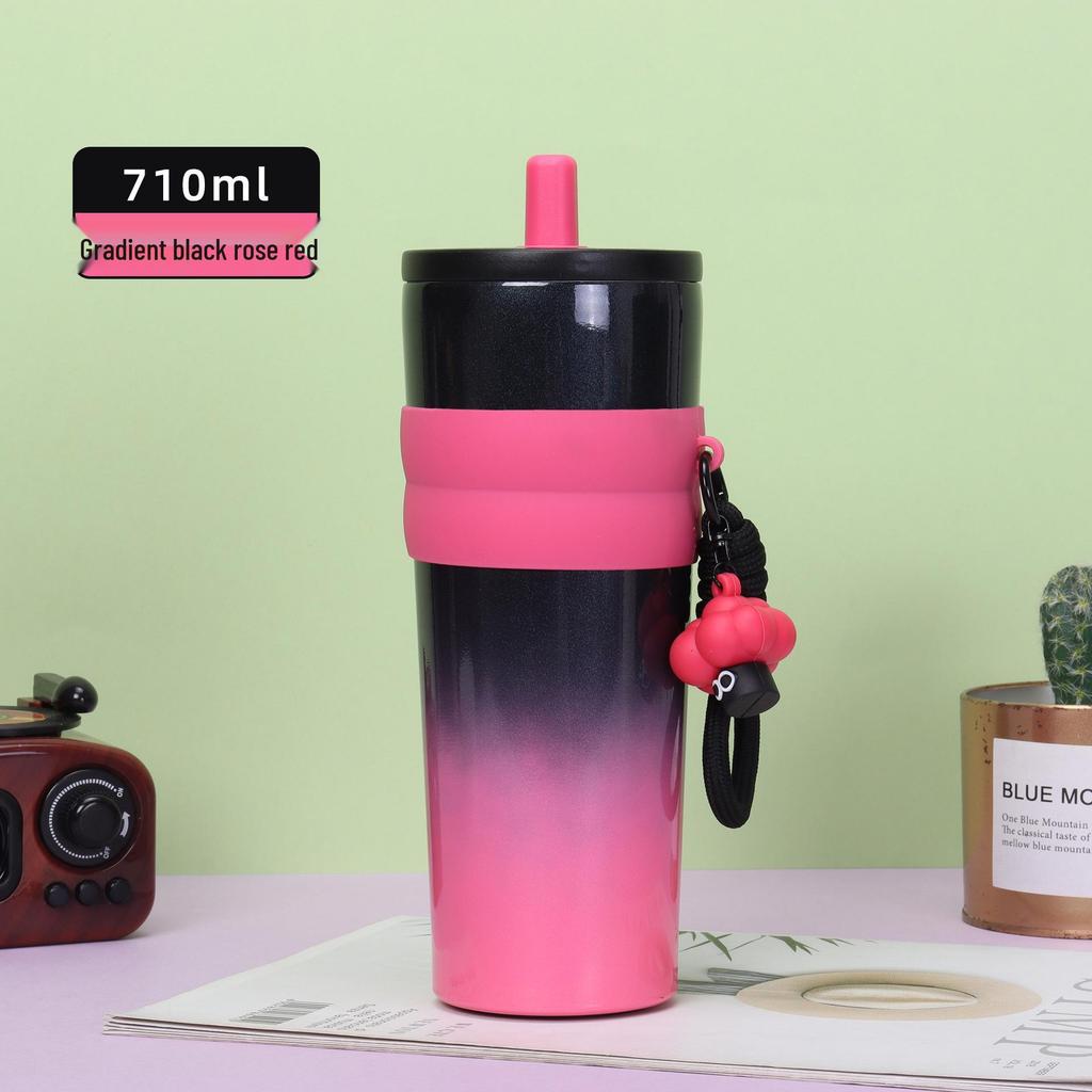 Sleek Gradient Stainless Steel Insulated Straw Cup with Portable Strap