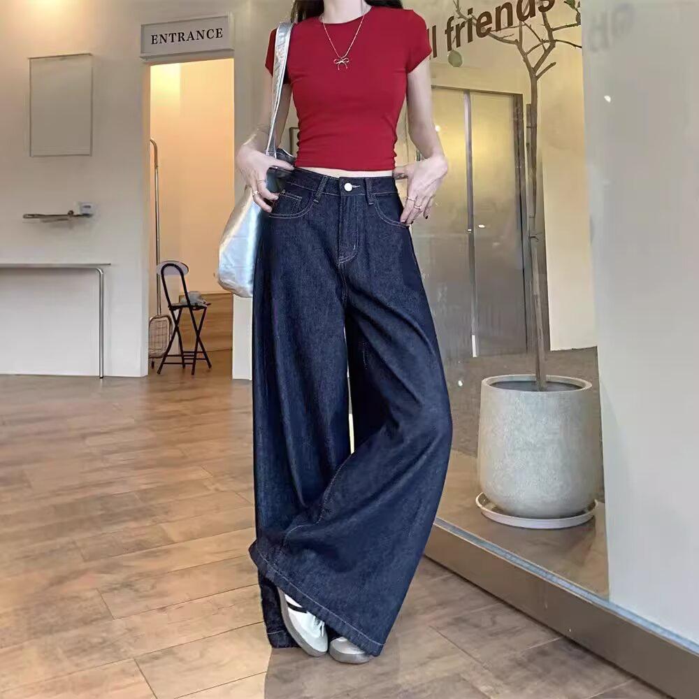 Women s High-Waisted Retro Wide-Leg Jeans in Deep Blue XL