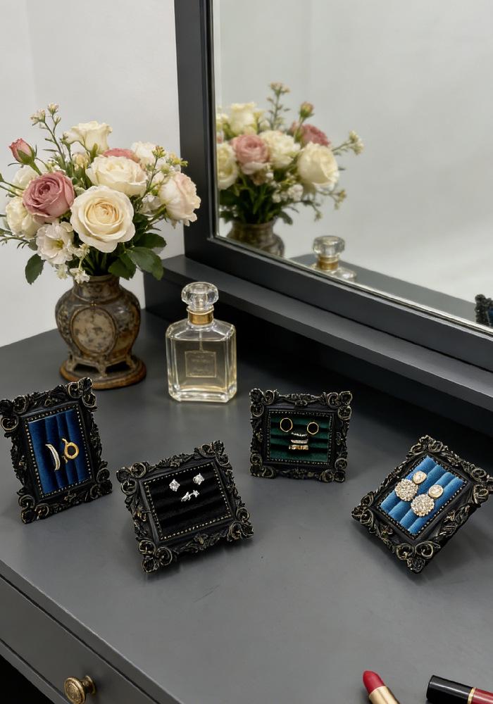 Victorian Style Black & Gold Frame Earrings, Ring, and Jewelry Holder Display
