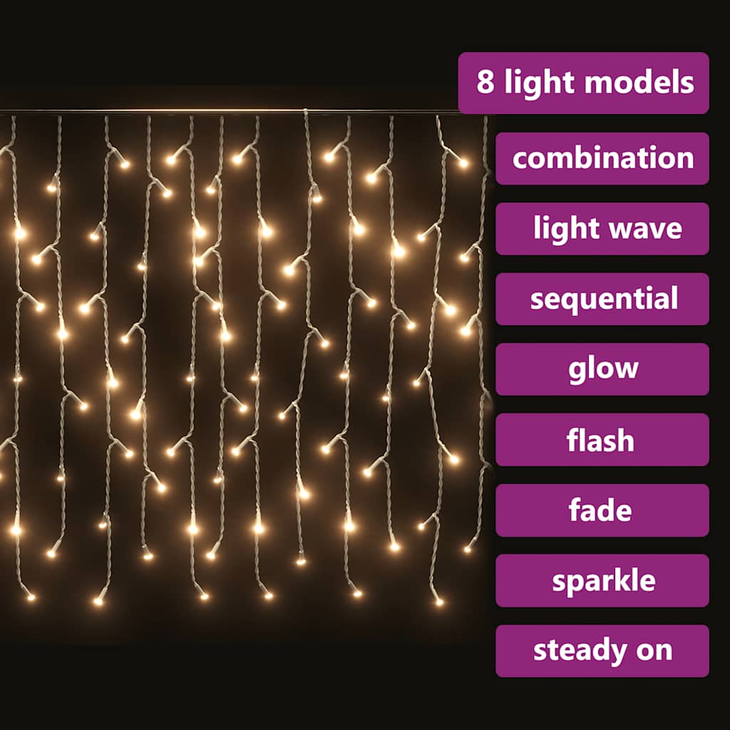 LED Icicle Light Curtain 10 m 400 LEDs Warm White 8 Functions