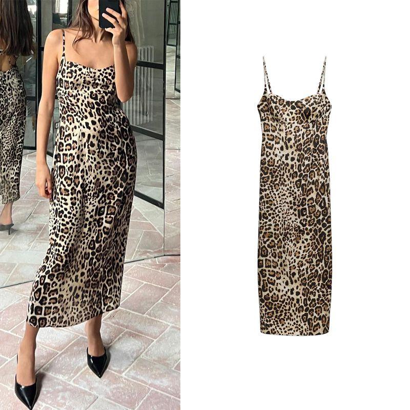 Spring Hot Sexy Straight Collar Thin Sling Back Slit Animal Pattern Print Midi Dress 3327266