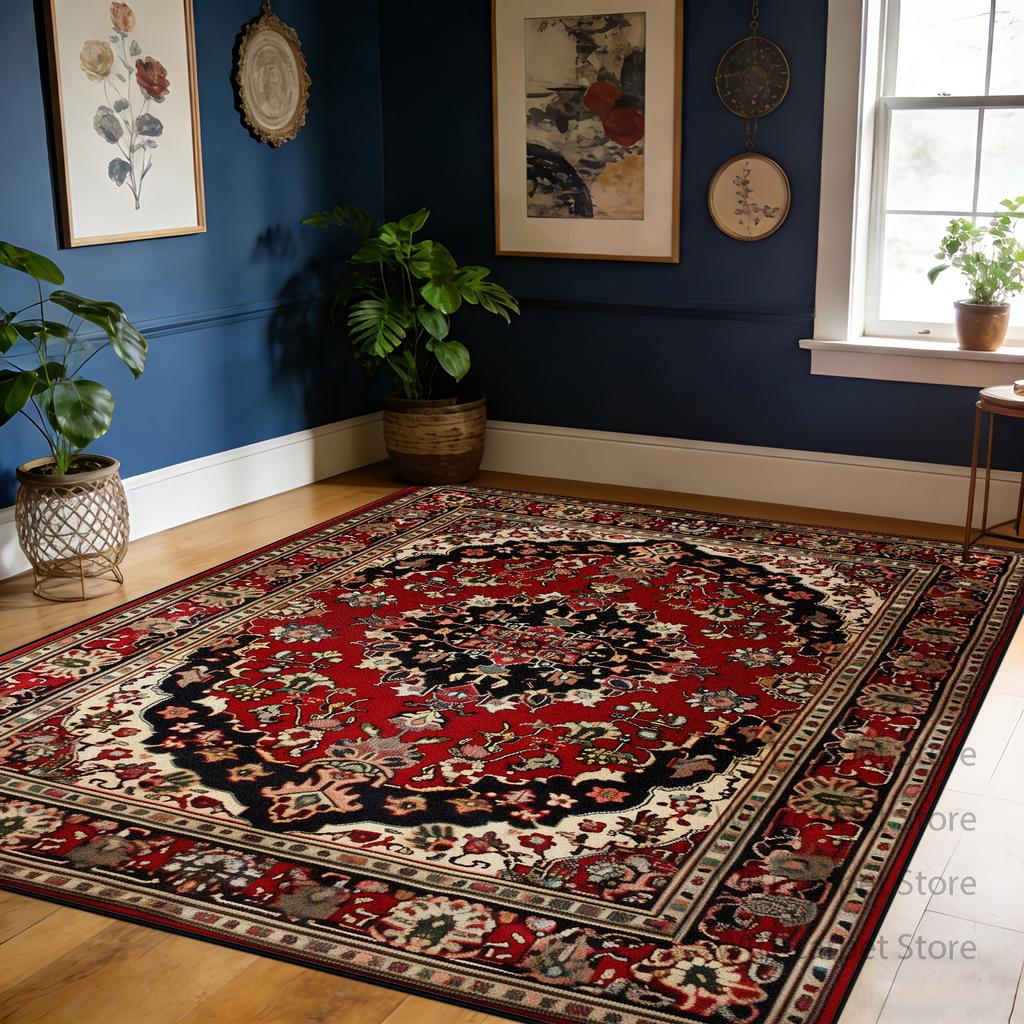 Retro Red Living Room Carpet Flower Pattern Decoration Large Area Soft Rug Bedroom Dining Room Washable Non-slip Mat Pile Fabric