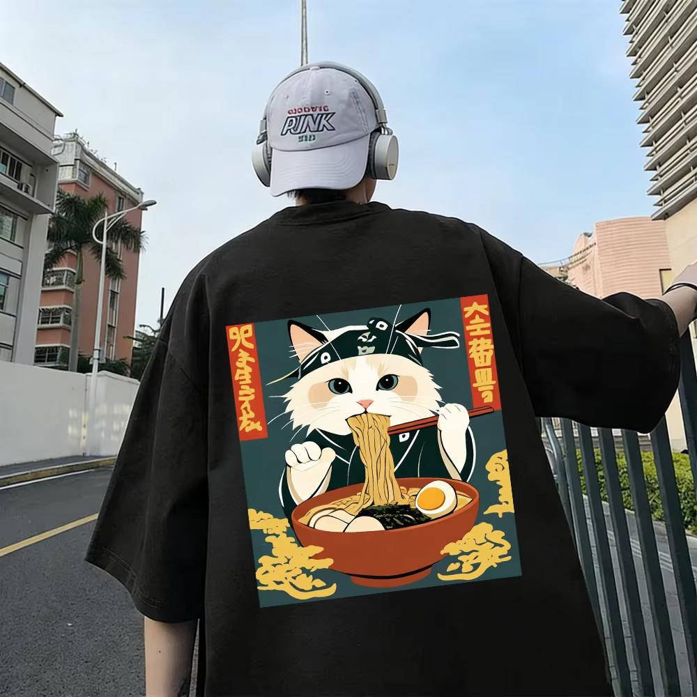 Cats Like Lamian Noodles Prints Unisex Tshirt Cotton Summer Soft Tops Oneck Short Sleeve T Shirt Unisex Casual Male Clothes