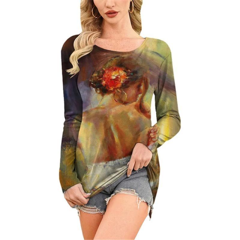 European and American Fashion Oil Painting Style Printed Casual Long Sleeved T-shirt O Neck Oversized Tees Tops Women's Clothing
