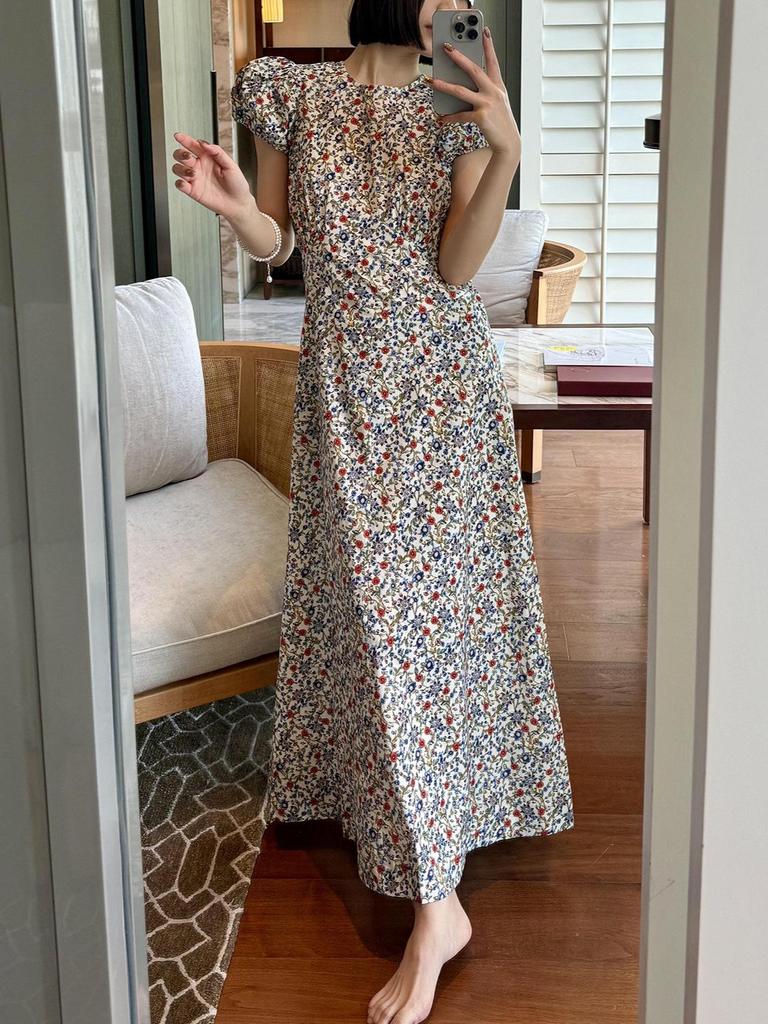 Pastoral Floral Cotton Puff Sleeve Slim Long Dress - Romantic Spring/Summer Women's Wear