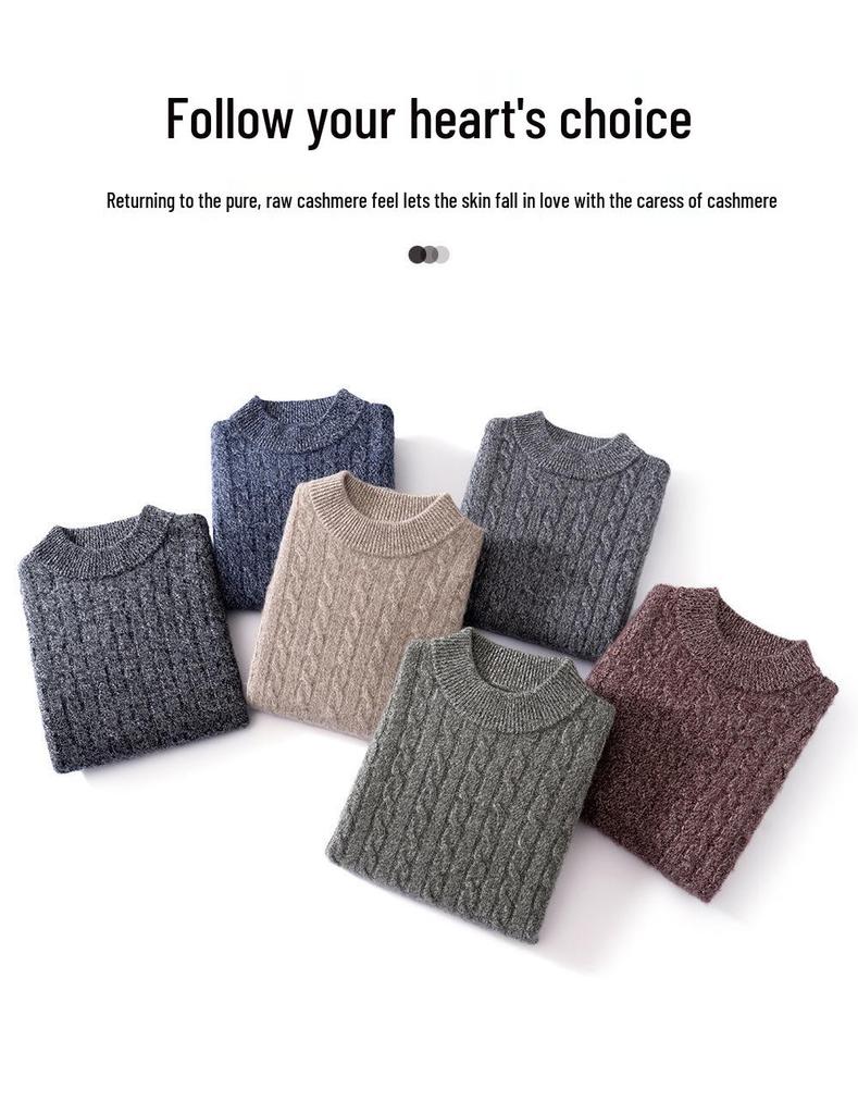 Men's Thickened High Neck Cable Knit Cashmere Sweater - Loose Fit Casual Autumn/Winter Top