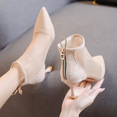 2024 Heißer Verkäufer Neue Frauen Mesh Sandalen Stiefel, Sexy Sommer High Heels, Hohle Schuhe, Zurück Zip, Spitz