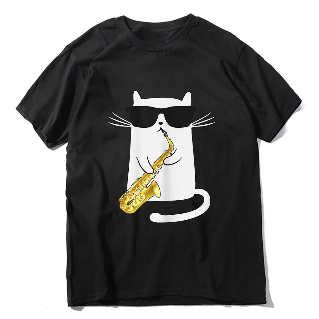 Oversized Casual Tee Clothing Streetwear Unisex 100 Cotton Funny Cat Shirt Saxophone Music Gift Men TShirt