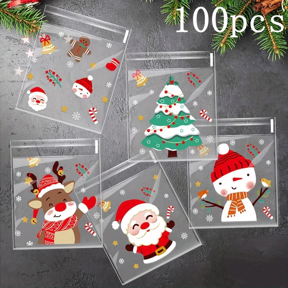 

100/200/300 шт. Рождественский пакет для печенья и конфет из ОПП с рисунком Санта-Клауса, самоклеящийся пакет для подарочной упаковки для рождественской новогодней вечеринки, декор 100pcs