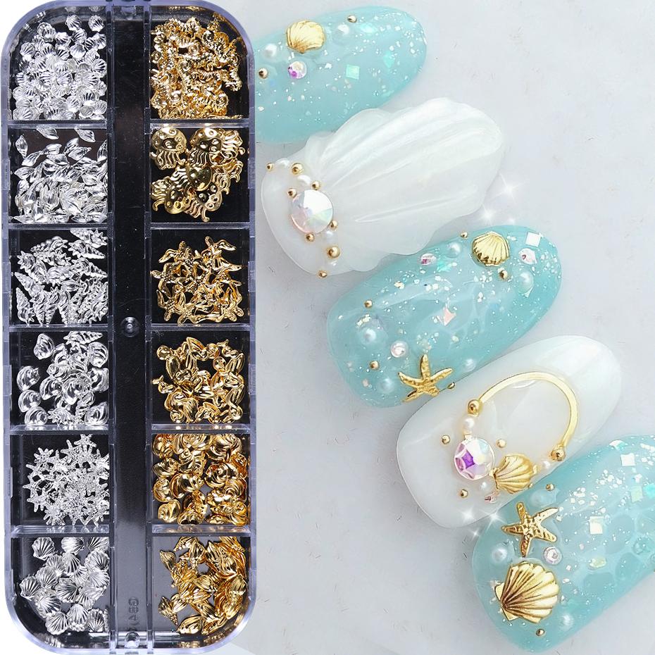 Xiaomi 12 Grids Shell Gold Silver Metal Nail Charms Decorations Starfish Jellyfish Summer Nail Rivet Studs Crafts Nail Art Accessories