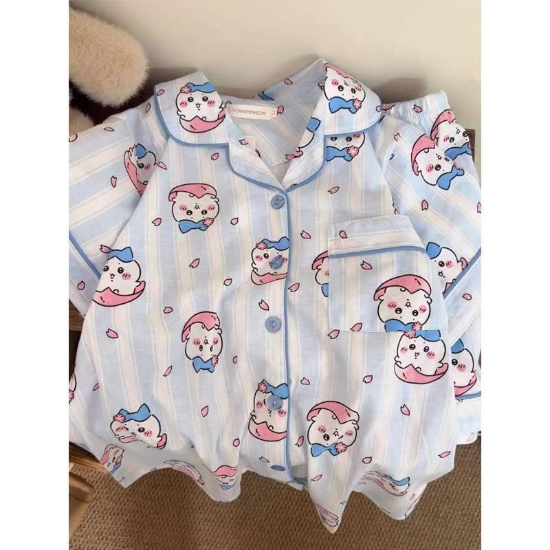 

Internet celebrities new blue striped cherry blossom eight pajamas women summer can wear short-sleeved shorts two-piece loungewear S
