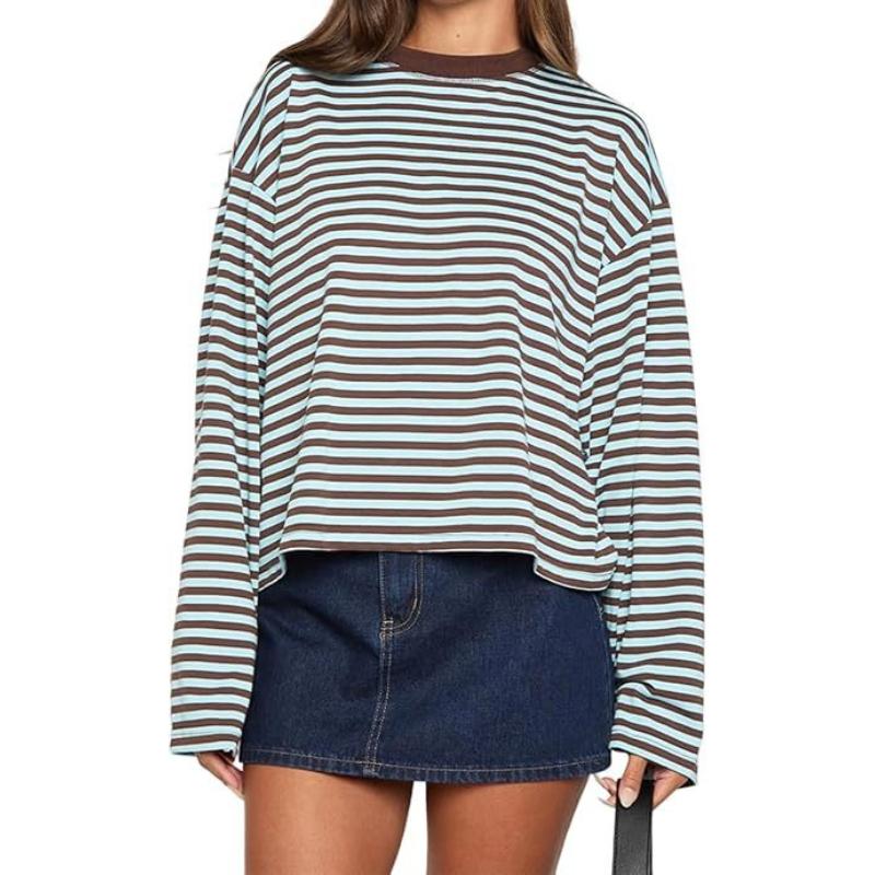 Women Retro T-shirt Long Sleeve Crew Neck Loose Ladies Fall Casual Striped Top Streetwear
